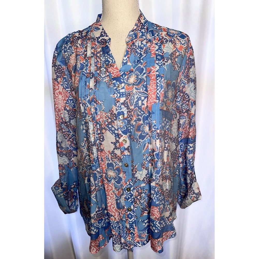 Ruby Rd Top Size Petite L Pleated 3/4 roll tab sleeve Blouse Blue Vneck